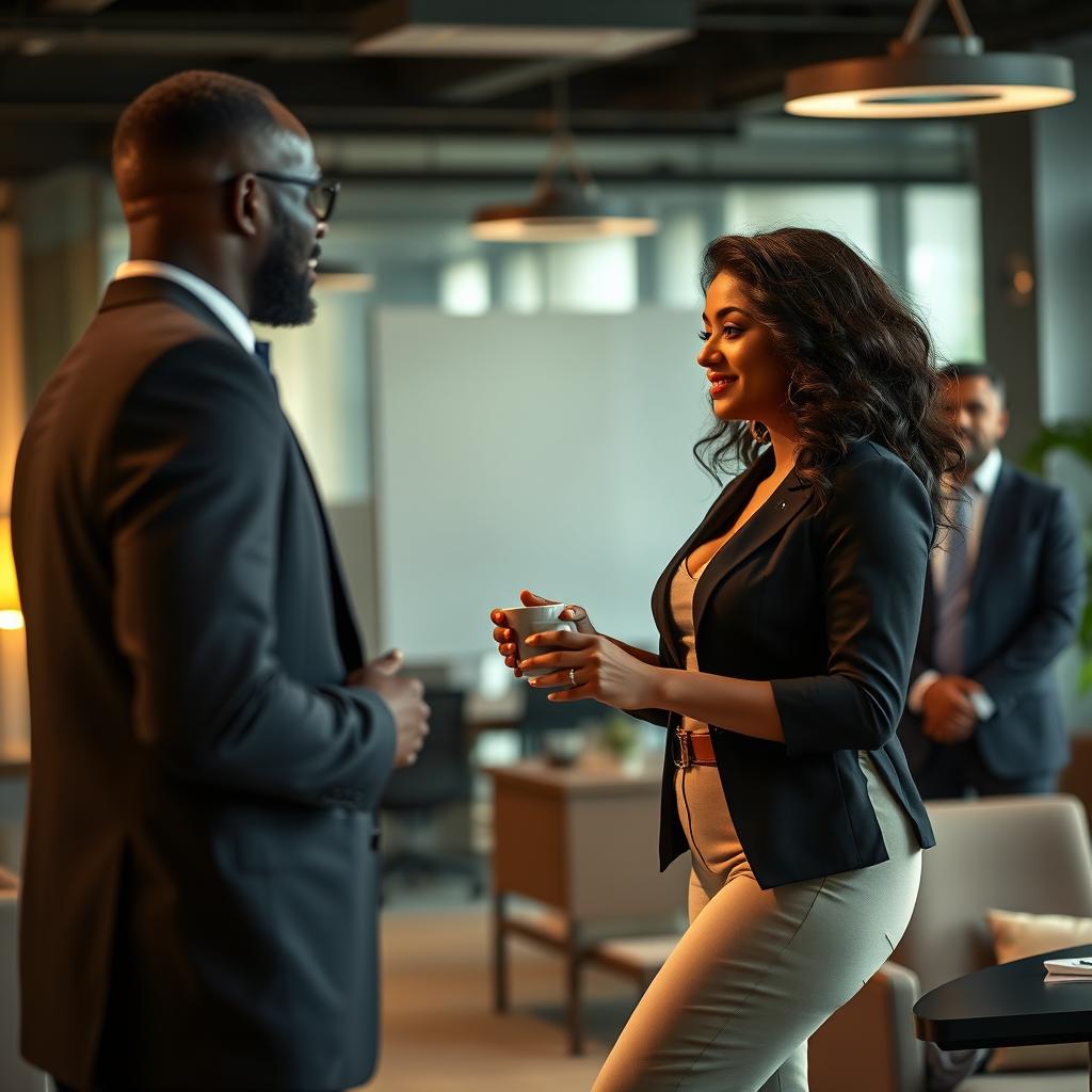 A dramatic scene depicting an Indian woman with white, curvy wide thighs, serving a cup of coffee to her African boss