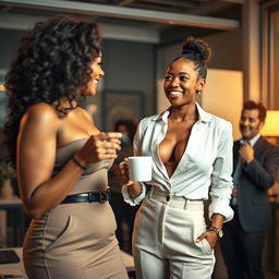 A dramatic scene depicting an Indian woman with white, curvy wide thighs, serving a cup of coffee to her African boss