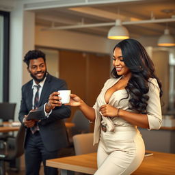 A dramatic scene depicting an Indian woman with white, curvy wide thighs, serving a cup of coffee to her African boss
