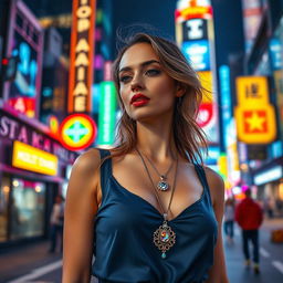 A beautiful woman standing in a vibrant city at night, surrounded by glowing streetlights and colorful neon signs