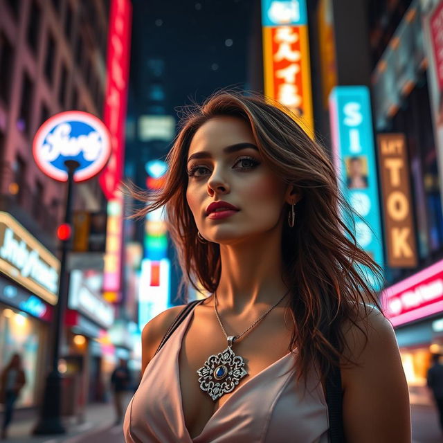 A beautiful woman standing in a vibrant city at night, surrounded by glowing streetlights and colorful neon signs