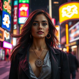 A beautiful woman standing in a vibrant city at night, surrounded by glowing streetlights and colorful neon signs