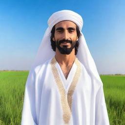 A high-quality, realistic photograph captures a handsome Arabian man with long hair