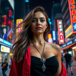 A beautiful woman standing in a vibrant city at night, surrounded by glowing streetlights and colorful neon signs