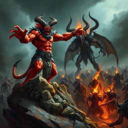 In the heat of a fierce battle, the powerful demon Shumbh, with his fiery red skin and glowing eyes, stands atop a rocky outcropping