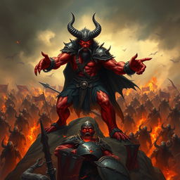 In the heat of a fierce battle, the powerful demon Shumbh, with his fiery red skin and glowing eyes, stands atop a rocky outcropping