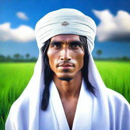 A high-resolution, realistic photograph captures a handsome Indonesian man with long hair