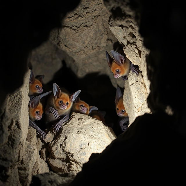 An intriguing depiction of bats known as Orthos, uniquely adapted to survive in the cracks of a rocky cave