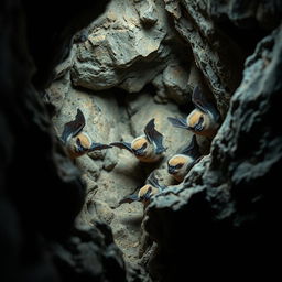 An intriguing depiction of bats known as Orthos, uniquely adapted to survive in the cracks of a rocky cave