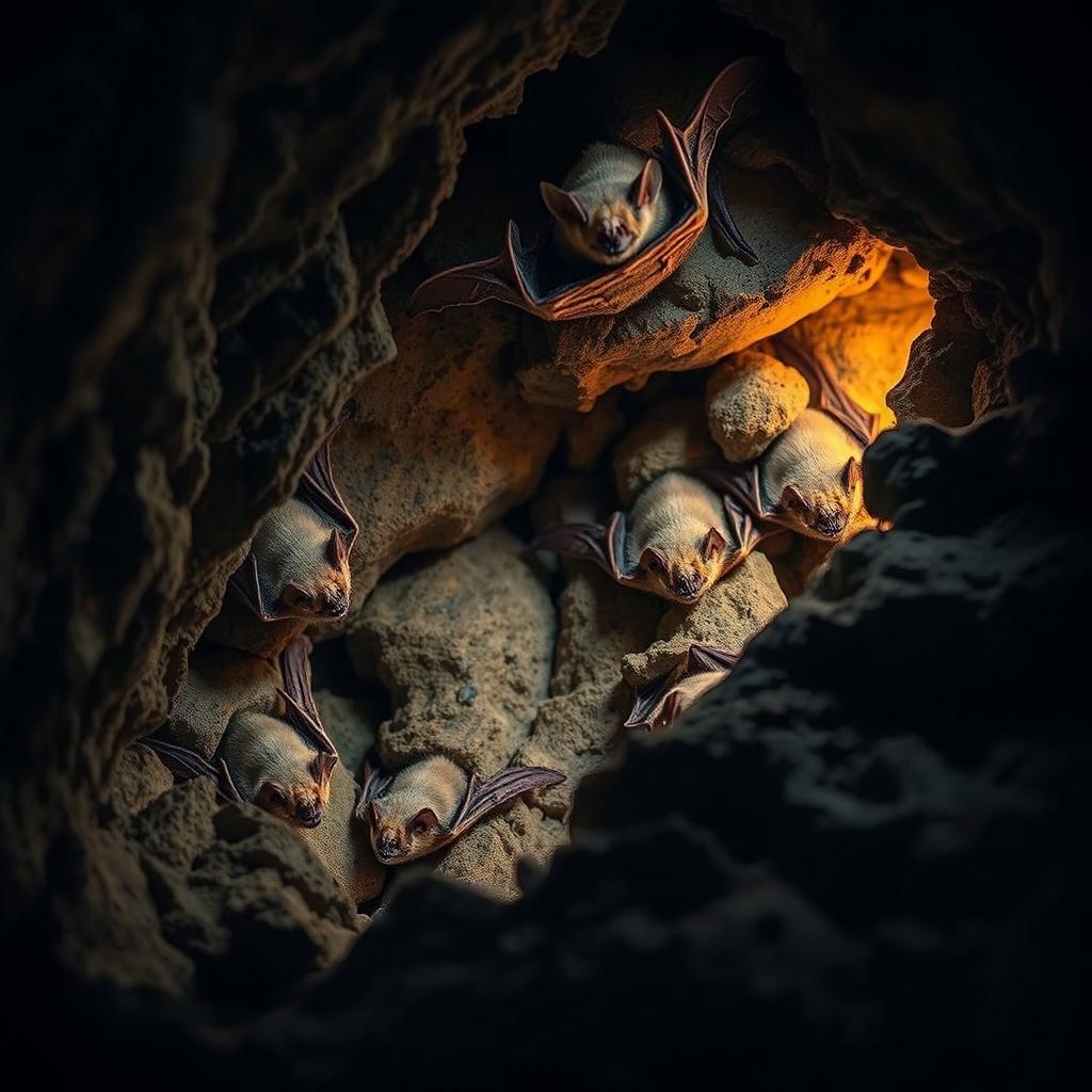 An intriguing depiction of bats known as Orthos, uniquely adapted to survive in the cracks of a rocky cave