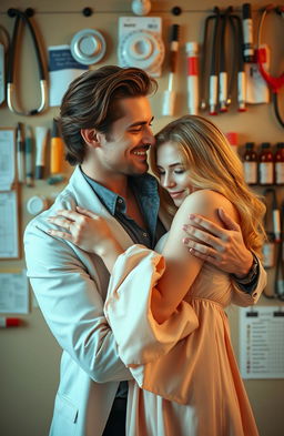 A rich brown-haired handsome man with a confident smile, dressed in a stylish outfit, gently holding a blonde, shy woman in his arms