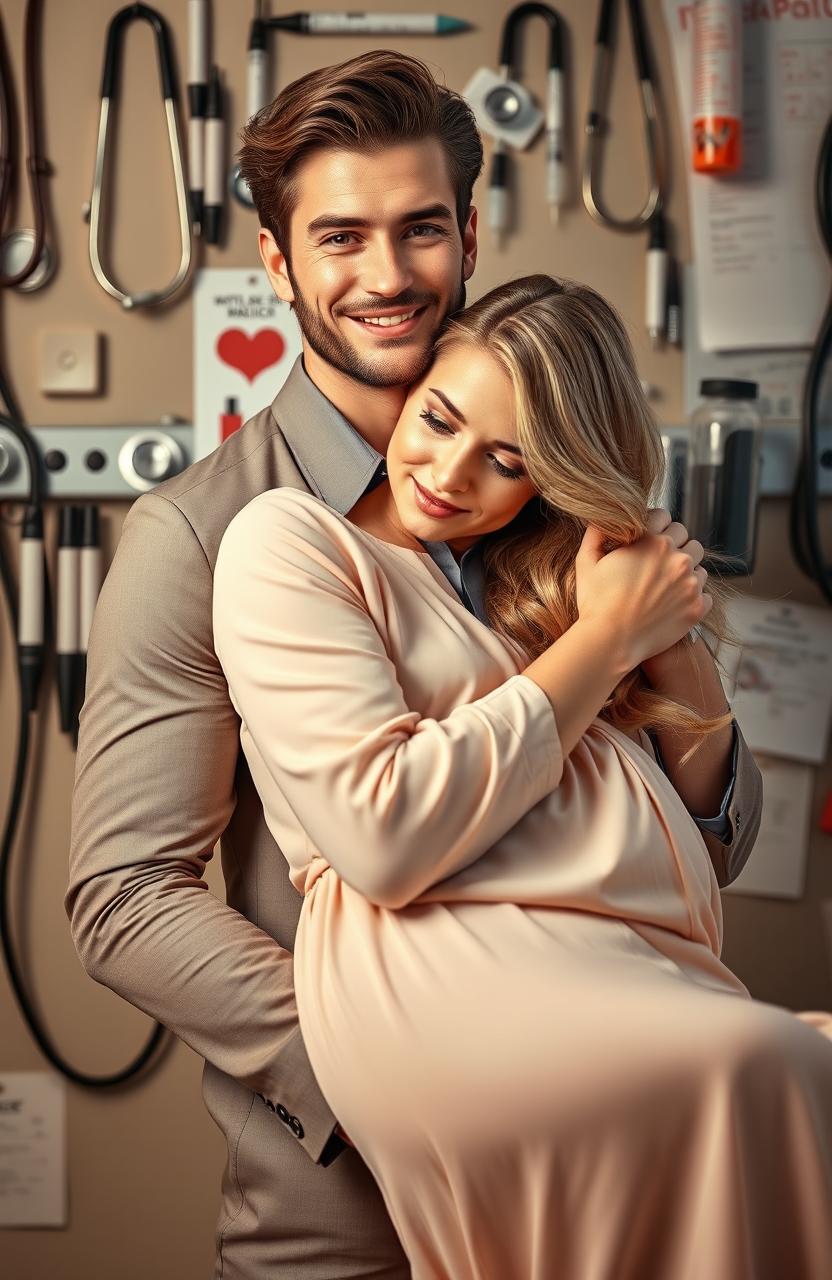 A rich brown-haired handsome man with a confident smile, dressed in a stylish outfit, gently holding a blonde, shy woman in his arms