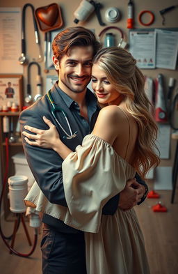 A rich brown-haired handsome man with a confident smile, dressed in a stylish outfit, gently holding a blonde, shy woman in his arms