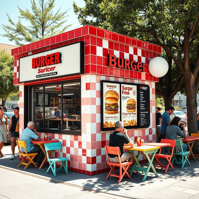 An outdoor curb-side kiosk of a vibrant burger joint, characterized by a stylish chess red and white tile theme