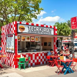 An outdoor curb-side kiosk of a vibrant burger joint, characterized by a stylish chess red and white tile theme