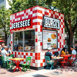 An outdoor curb-side kiosk of a vibrant burger joint, characterized by a stylish chess red and white tile theme