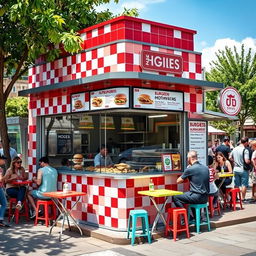 An outdoor curb-side kiosk of a vibrant burger joint, characterized by a stylish chess red and white tile theme