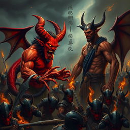 In the heart of a tumultuous battlefield, the demon Shumbh, with his fierce red skin and blazing eyes, is engaged in a heated discussion with Dhurmviloachan, a tall devil with sharp features and dark horns