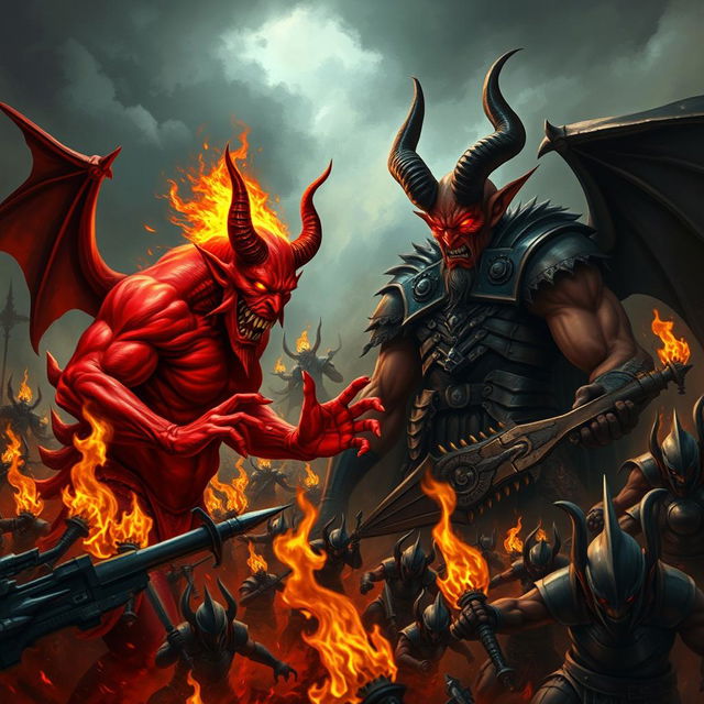 In the heart of a tumultuous battlefield, the demon Shumbh, with his fierce red skin and blazing eyes, is engaged in a heated discussion with Dhurmviloachan, a tall devil with sharp features and dark horns