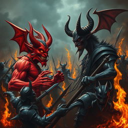 In the heart of a tumultuous battlefield, the demon Shumbh, with his fierce red skin and blazing eyes, is engaged in a heated discussion with Dhurmviloachan, a tall devil with sharp features and dark horns