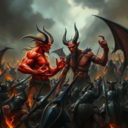 In the heart of a tumultuous battlefield, the demon Shumbh, with his fierce red skin and blazing eyes, is engaged in a heated discussion with Dhurmviloachan, a tall devil with sharp features and dark horns