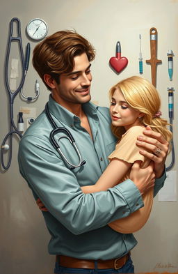 A painting depicting a handsome man with rich brown hair gently holding a shy blonde woman in his arms