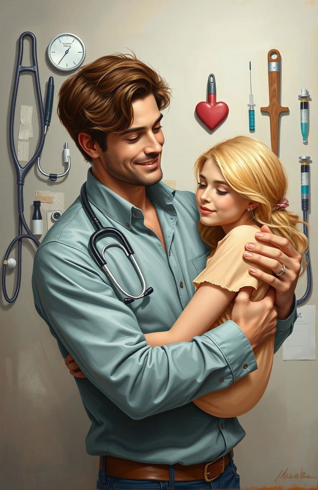 A painting depicting a handsome man with rich brown hair gently holding a shy blonde woman in his arms