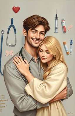 A painting depicting a handsome man with rich brown hair gently holding a shy blonde woman in his arms