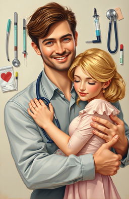 A painting depicting a handsome man with rich brown hair gently holding a shy blonde woman in his arms