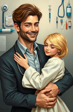A painting depicting a handsome man with rich brown hair gently holding a shy blonde woman in his arms