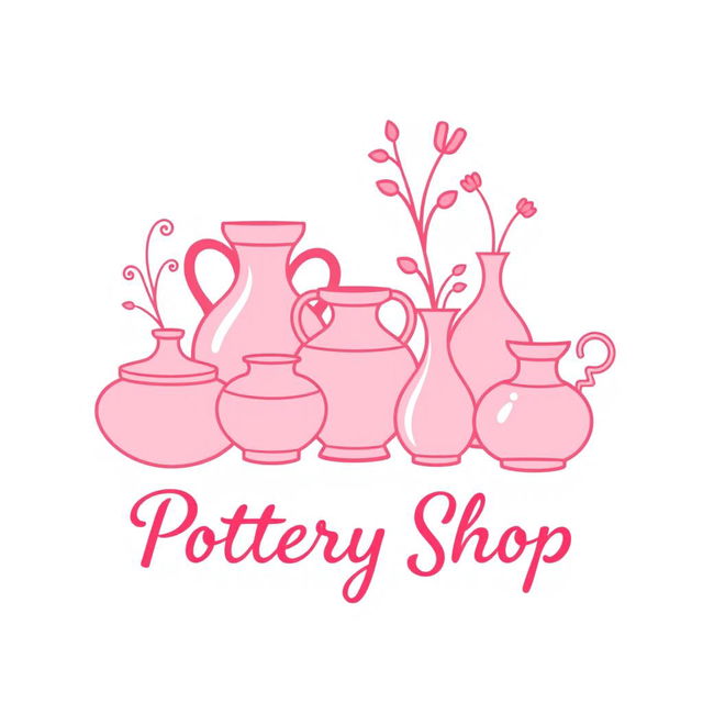 A logo design for a pottery store featuring various pottery elements, all illustrated in shades of pink