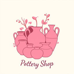 A logo design for a pottery store featuring various pottery elements, all illustrated in shades of pink