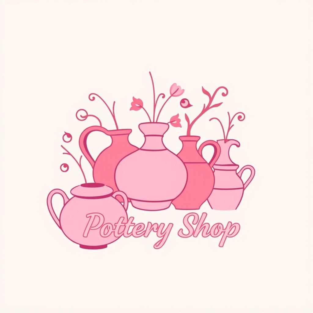 A logo design for a pottery store featuring various pottery elements, all illustrated in shades of pink