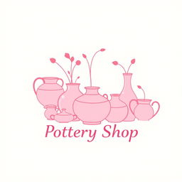 A logo design for a pottery store featuring various pottery elements, all illustrated in shades of pink