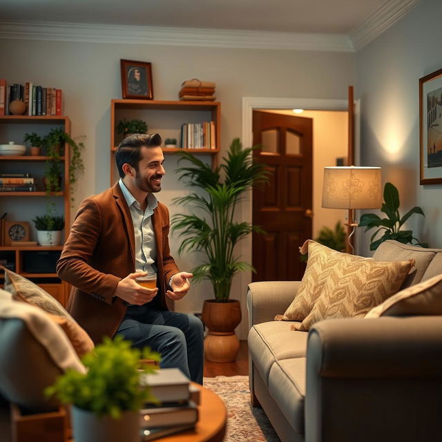 A scene depicting a cozy and inviting living room, where a gentleman is warmly welcoming a lady into his home