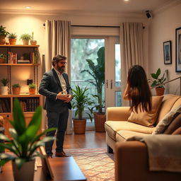 A scene depicting a cozy and inviting living room, where a gentleman is warmly welcoming a lady into his home