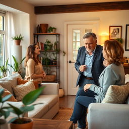 A scene depicting a cozy and inviting living room, where a gentleman is warmly welcoming a lady into his home