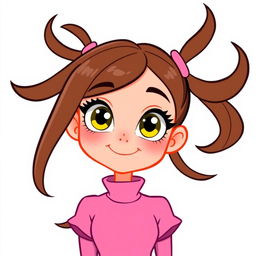 A cartoon girl with hazel yellow eyes and long, brunette hair