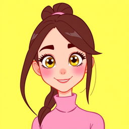 A cartoon girl with hazel yellow eyes and long, brunette hair