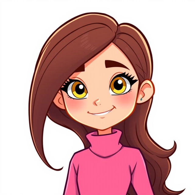 A cartoon girl with hazel yellow eyes and long, brunette hair