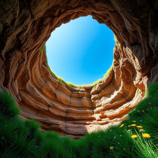 A massive hole in the ground, showcasing deep layers of earth and rock, surrounded by vibrant green grass and wildflowers