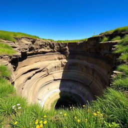 A massive hole in the ground, showcasing deep layers of earth and rock, surrounded by vibrant green grass and wildflowers