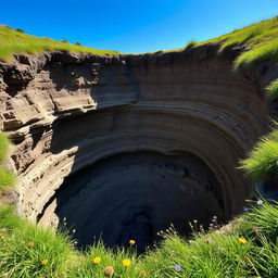 A massive hole in the ground, showcasing deep layers of earth and rock, surrounded by vibrant green grass and wildflowers