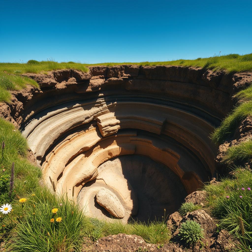 A massive hole in the ground, showcasing deep layers of earth and rock, surrounded by vibrant green grass and wildflowers