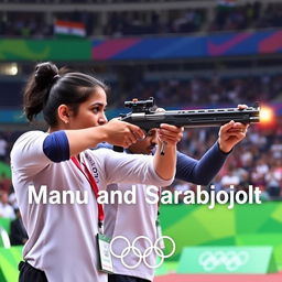 An action-packed scene from the 10m Air Pistol Mixed Team event at the Paris Olympics, featuring Indian shooters Manu Bhaker and Sarabjot Singh