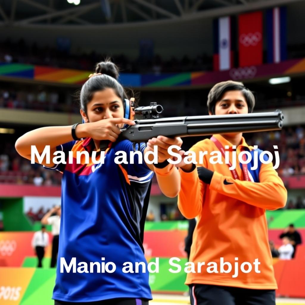 An action-packed scene from the 10m Air Pistol Mixed Team event at the Paris Olympics, featuring Indian shooters Manu Bhaker and Sarabjot Singh