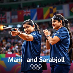 An action-packed scene from the 10m Air Pistol Mixed Team event at the Paris Olympics, featuring Indian shooters Manu Bhaker and Sarabjot Singh
