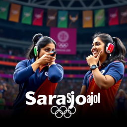 An action-packed scene from the 10m Air Pistol Mixed Team event at the Paris Olympics, featuring Indian shooters Manu Bhaker and Sarabjot Singh