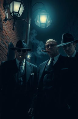 A mystique and stylish mafia scene, featuring a group of dapper mobsters in tailored suits, standing under a dimly lit streetlamp at night