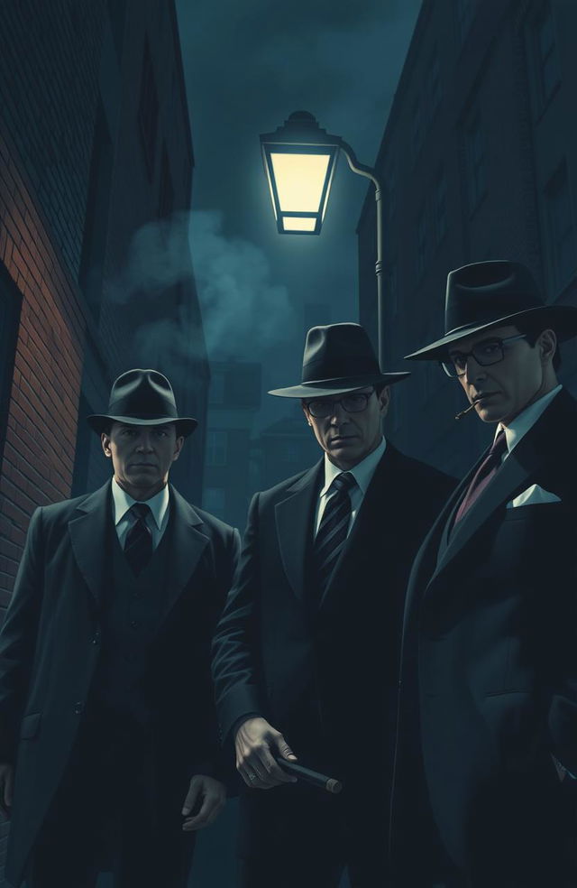 A mystique and stylish mafia scene, featuring a group of dapper mobsters in tailored suits, standing under a dimly lit streetlamp at night